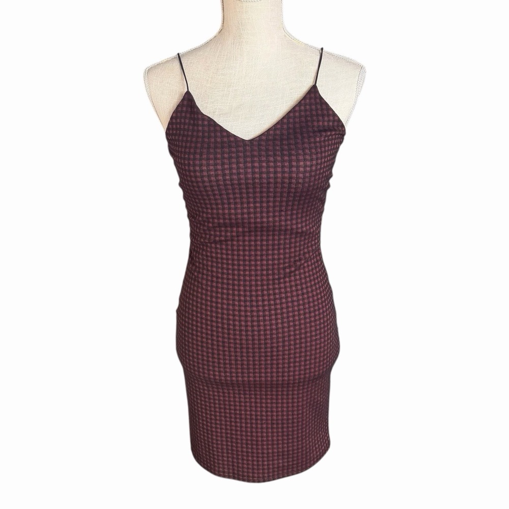 Missy Rose Women Maroon Black Checkered Mini Dress Bodycon Spaghetti Fit Size XS